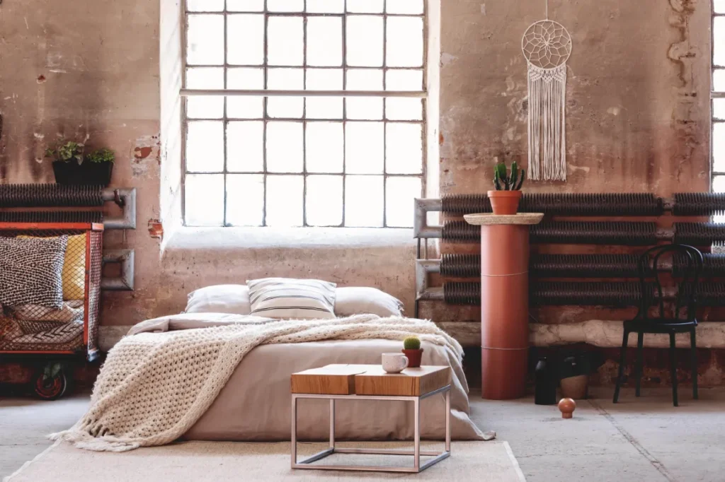 Wabi-sabi interior design of bedroom.